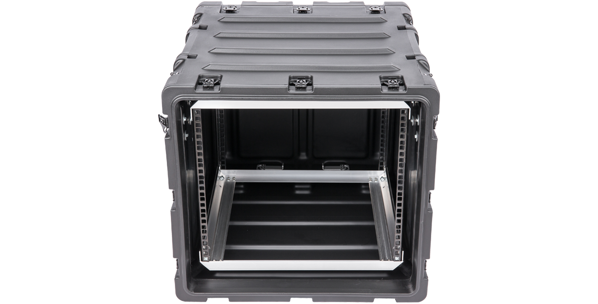 Straight-on rear view of 9U Shockproof Rack Case highlighting dual access and durable construction for electronics safety.