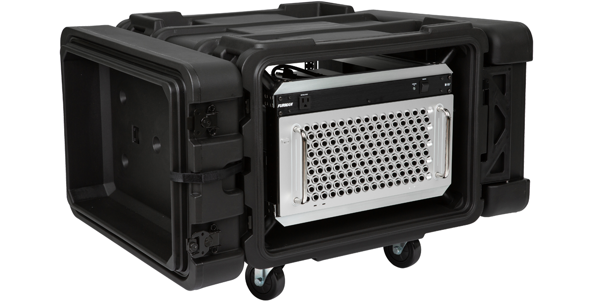 Rear view of 6U Shock Rack - 24-inch rSeries with open lid, showing internal rackmount setup for secure equipment transport.