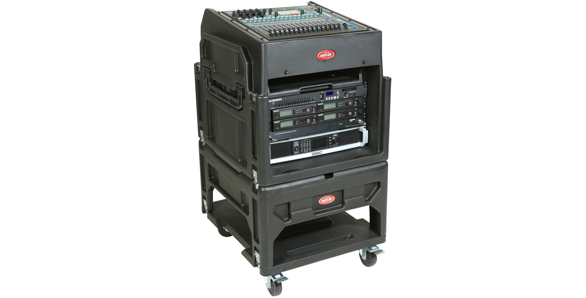 Angled view of SKB Gig Rig case loaded with audio gear, highlighting its durable build and versatile rack space for professional setups.