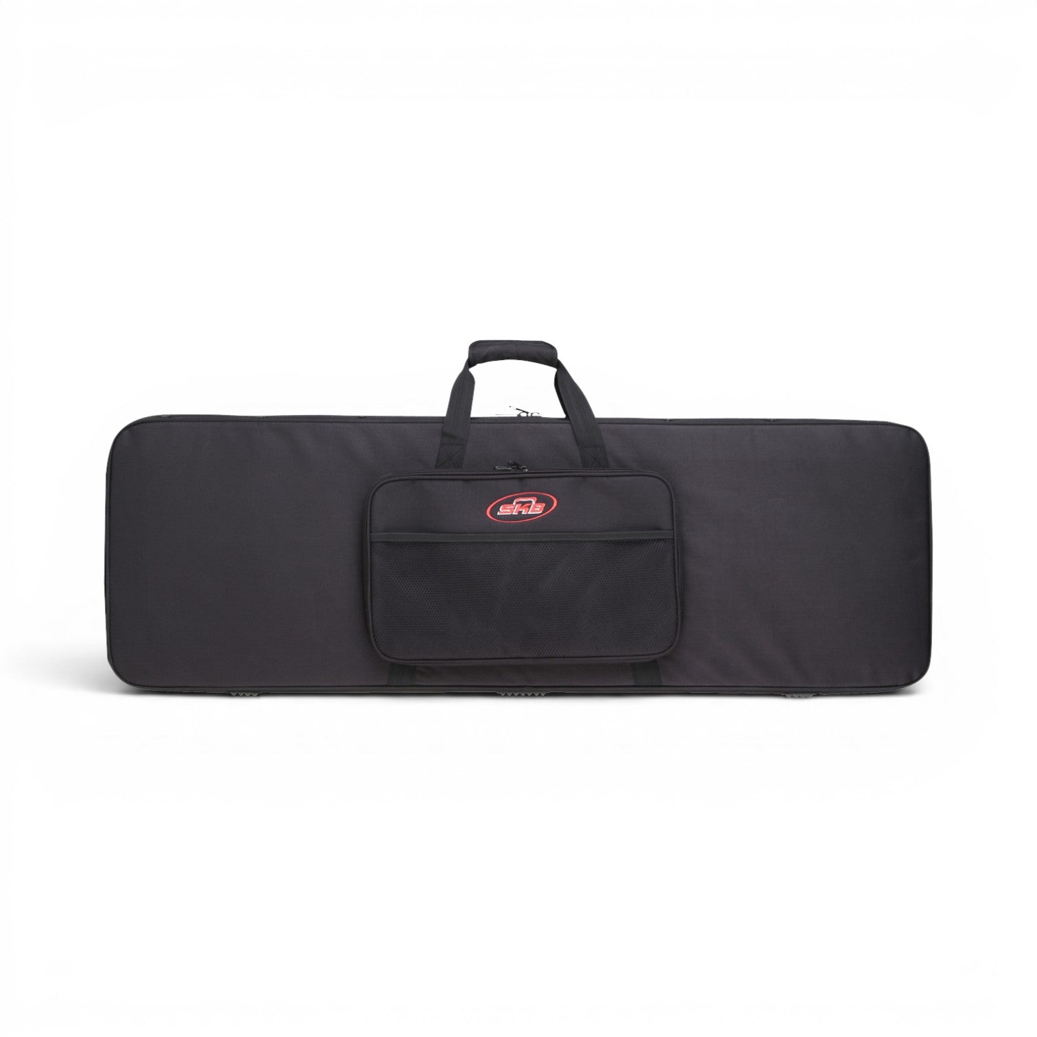 Front view of soft case for bass guitars with SKB logo and zippered accessory pocket. Designed for rectangular electric bass models.