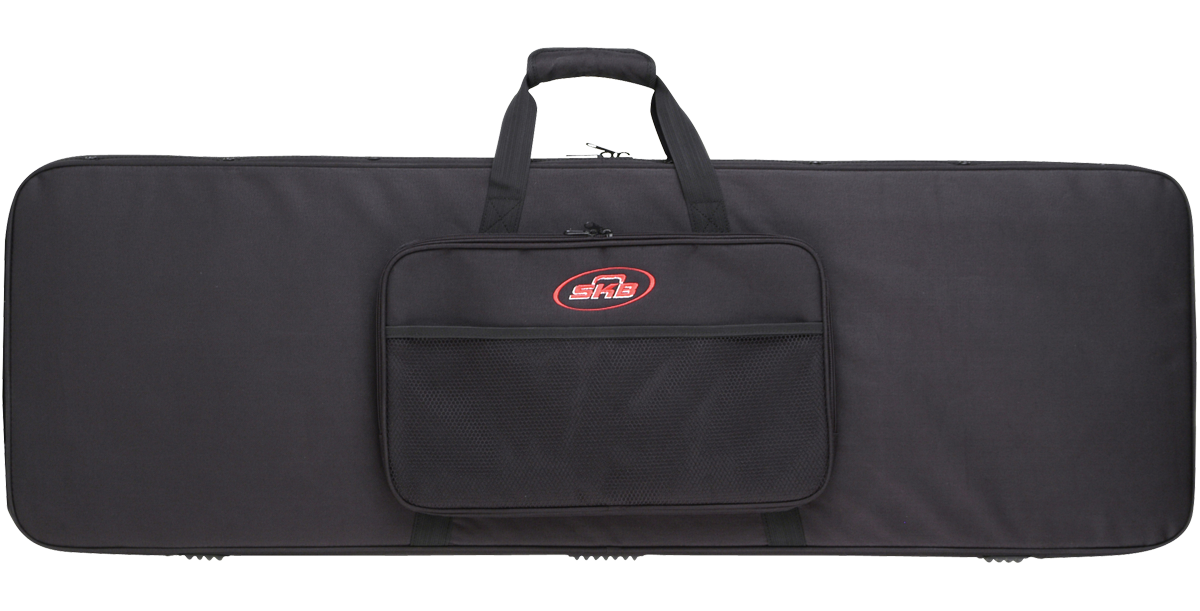 Front view of soft case for bass guitars with SKB logo and zippered accessory pocket. Designed for rectangular electric bass models.
