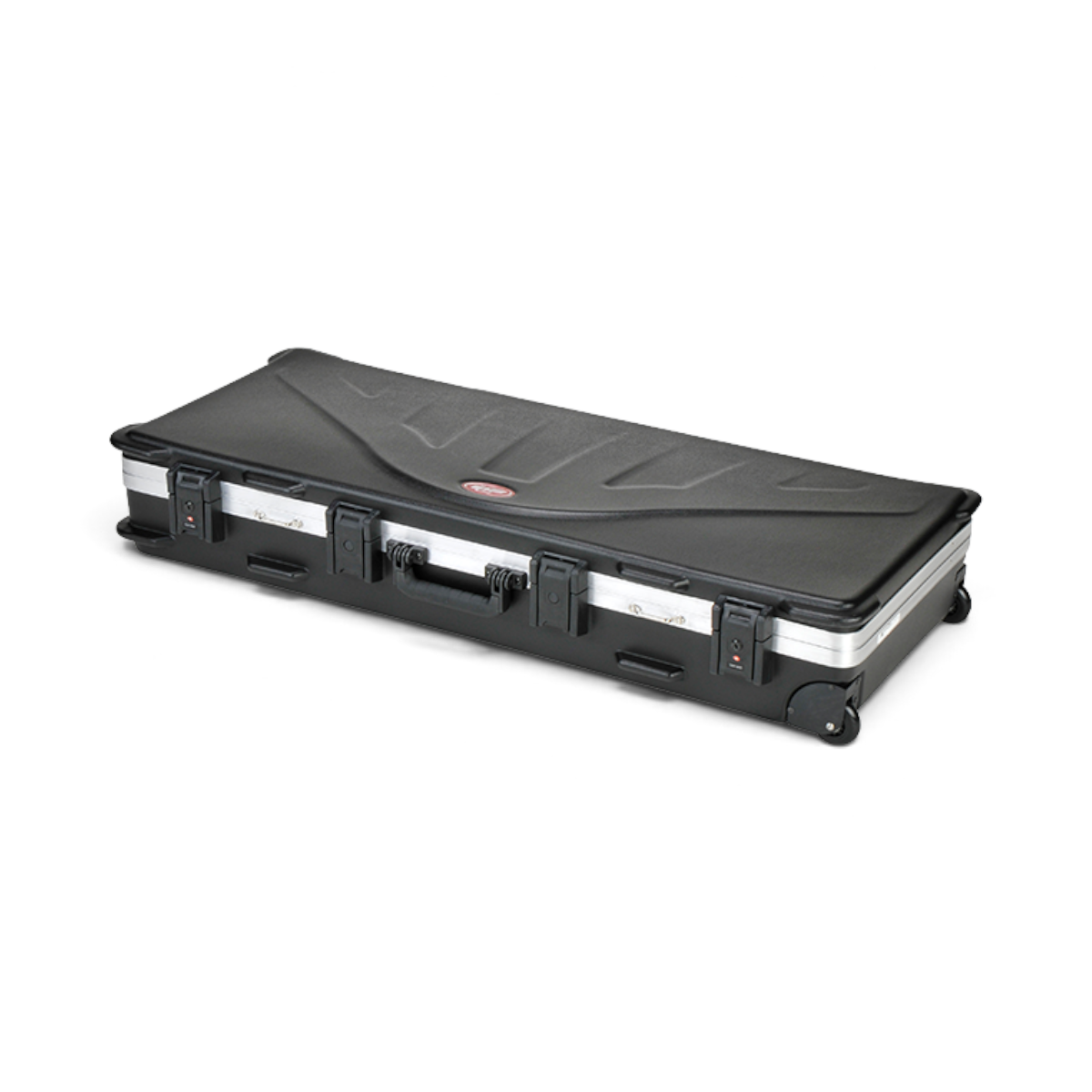 SKB Cases ATA double bow case in black polyethylene with heavy-duty latches and wheels for secure transport.