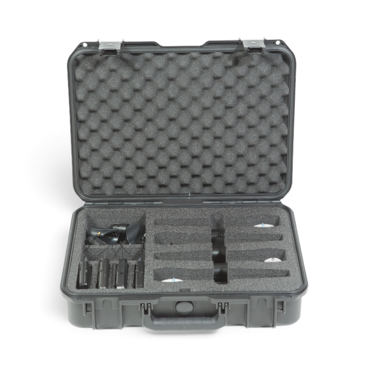SKB Cases iSeries wireless microphone case with custom foam interior for four handheld mics and body pack transmitters.