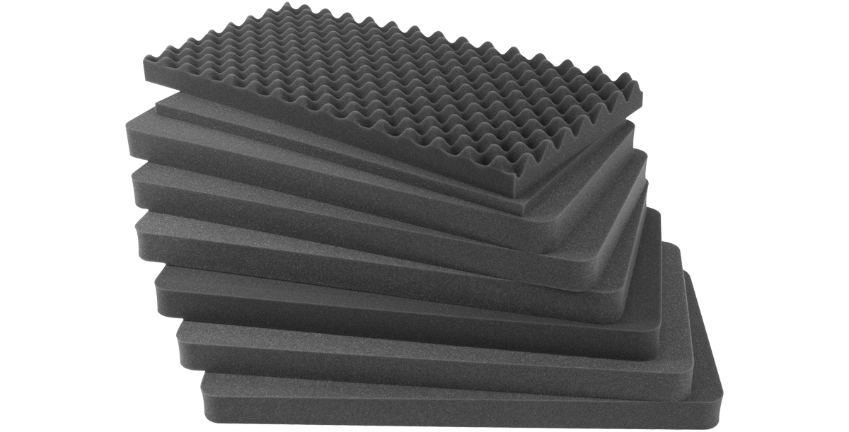 Cubed foam inserts for 3i-2914-15 cases stacked in layers, including a convoluted top layer for durable protection and secure storage.