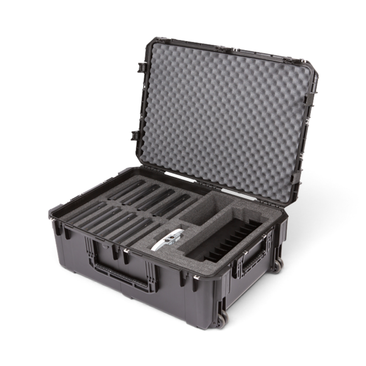 SKB Cases iSeries hard shell rolling case with custom foam interior for Shure Microflex wireless conference systems.