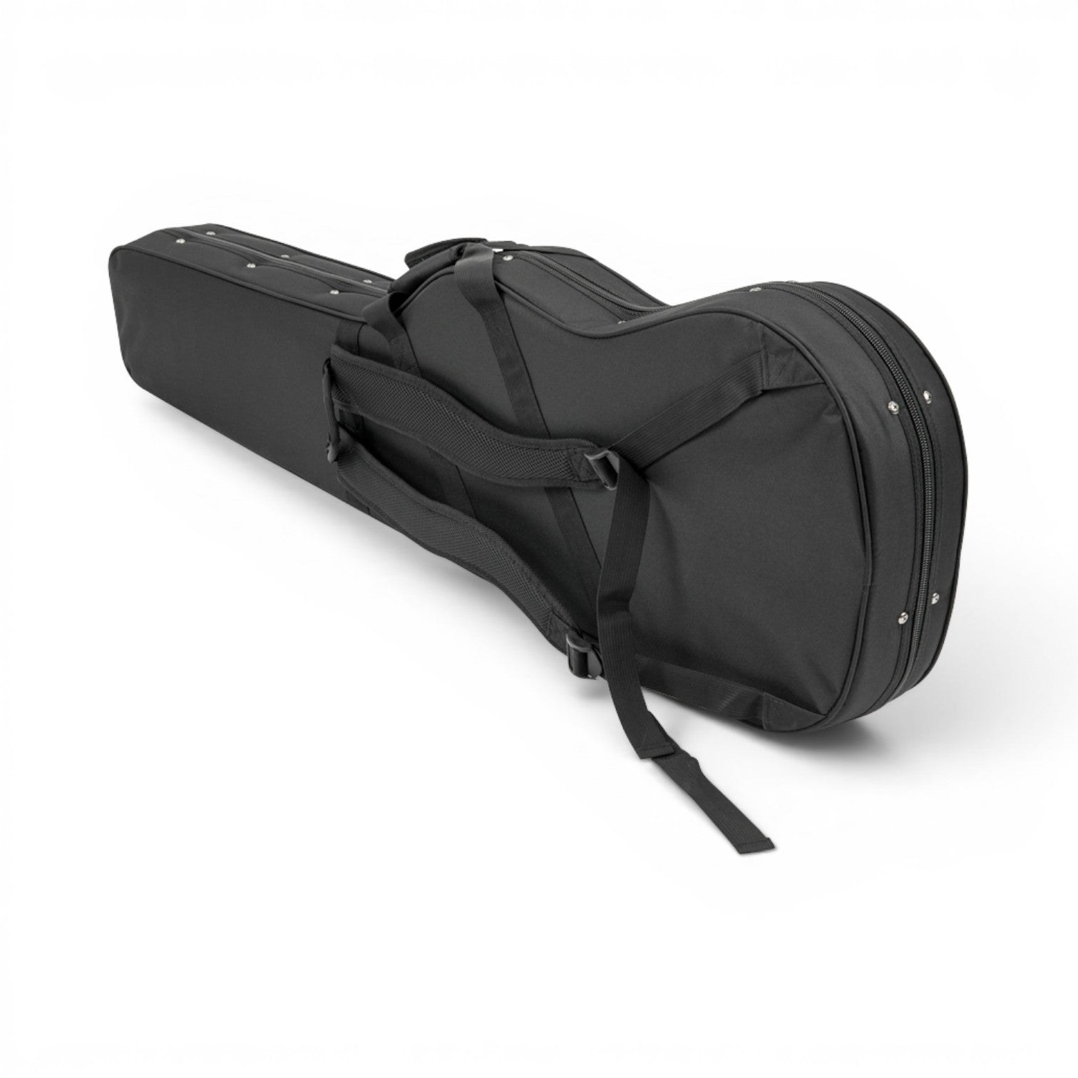 Angled rear view of Universal Electric Bass Soft Case with backpack straps and contoured shape for comfortable carrying.
