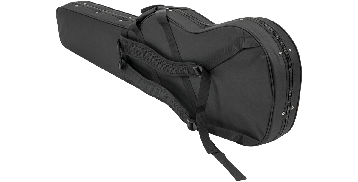 Angled rear view of Universal Electric Bass Soft Case with backpack straps and contoured shape for comfortable carrying.