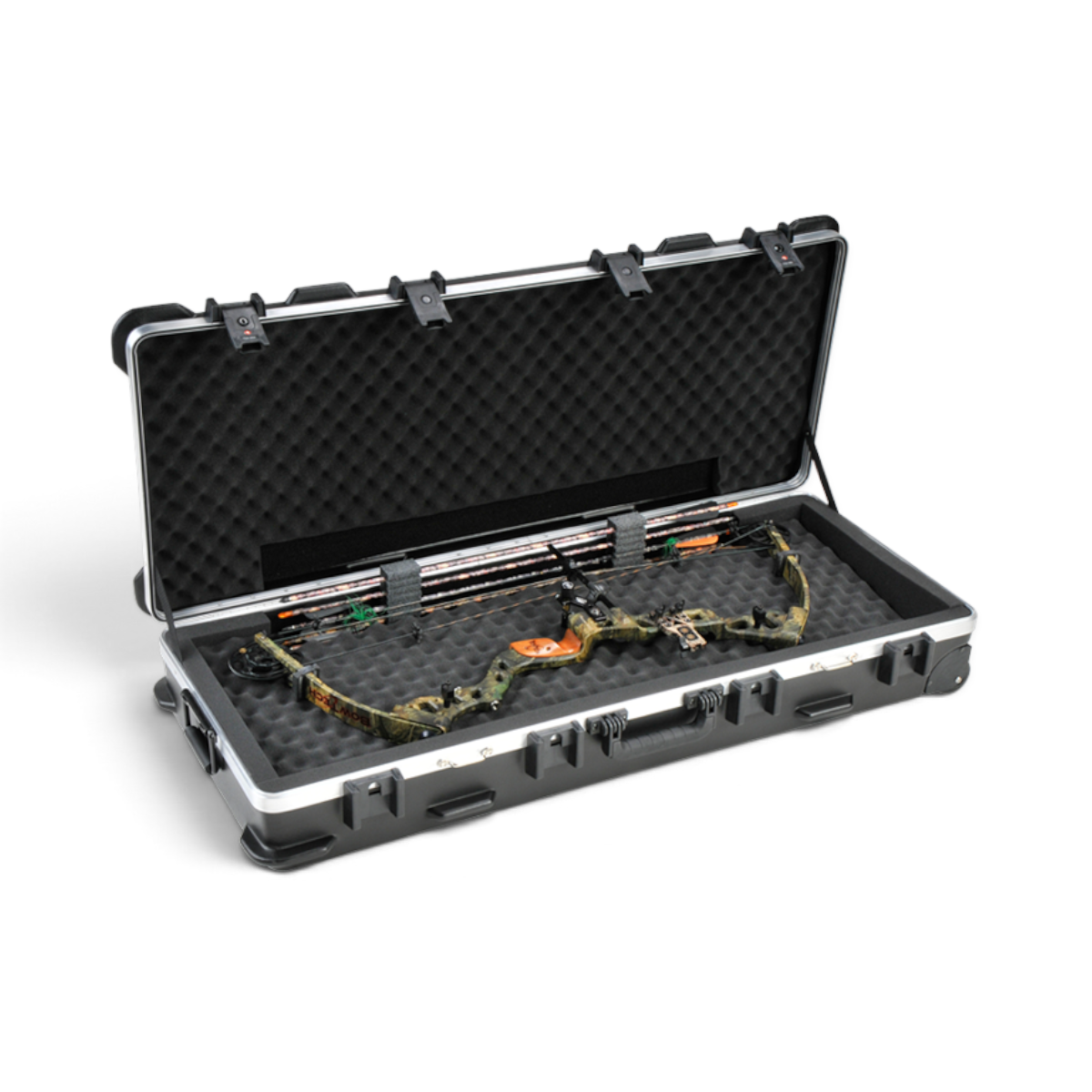 SKB Cases ATA double bow case in black with foam interior holding a camouflage parallel limb bow
