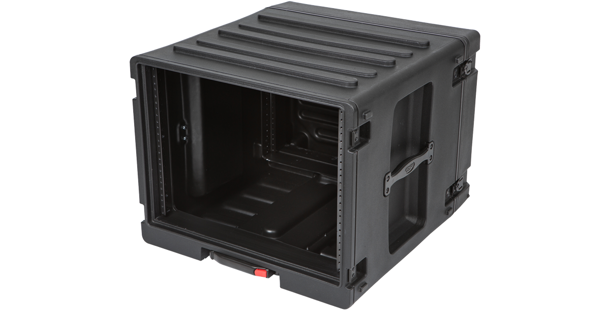 Angled rear view of 8U SKB Rolling Rack with open back, highlighting its rugged build and reinforced corners for long-term durability.