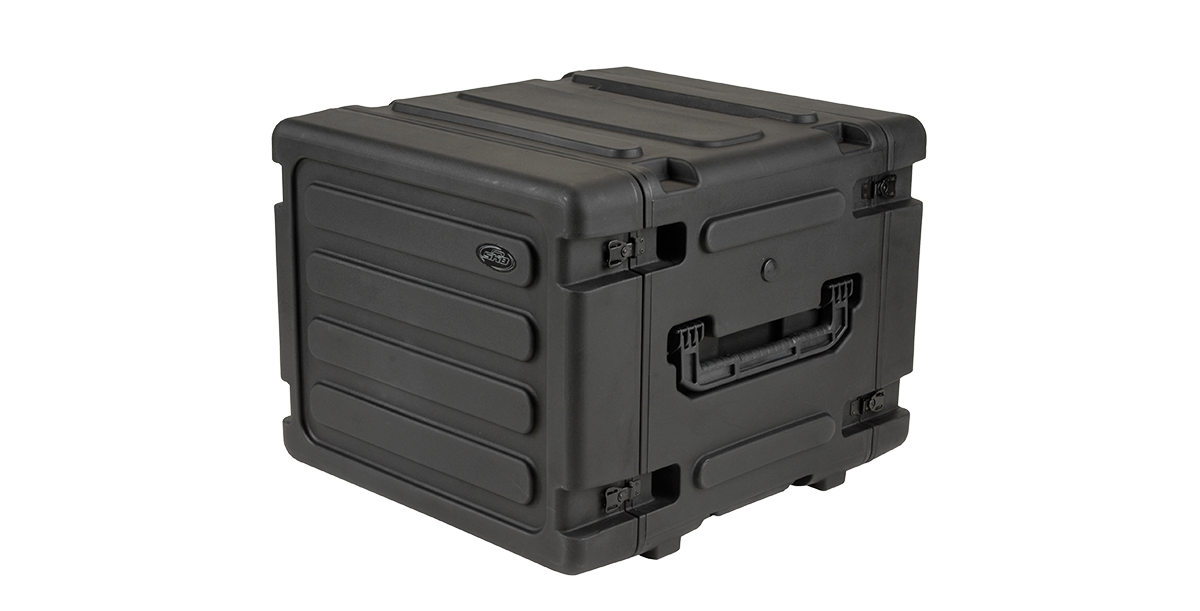 Compact side view of 20-inch Shock Rack with molded handles and stackable design for pro-audio and vacuum accessories.