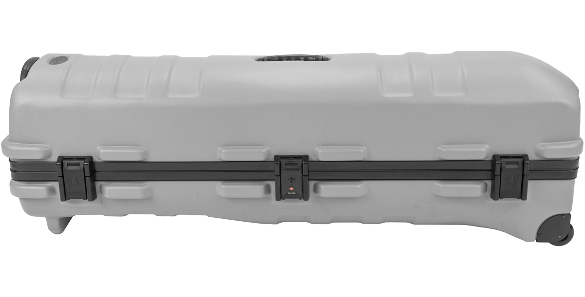 Side view of ATA Staff Pro XL Golf Travel Case - Grey showing TSA-approved locking system and reinforced wheels for easy transport.