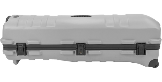 Side view of ATA Staff Pro XL Golf Travel Case - Grey showing TSA-approved locking system and reinforced wheels for easy transport.