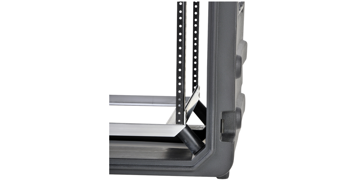Shock-absorbing corner detail of 20-Inch Rolling Shock Rack showing elastomeric suspension for vibration protection.