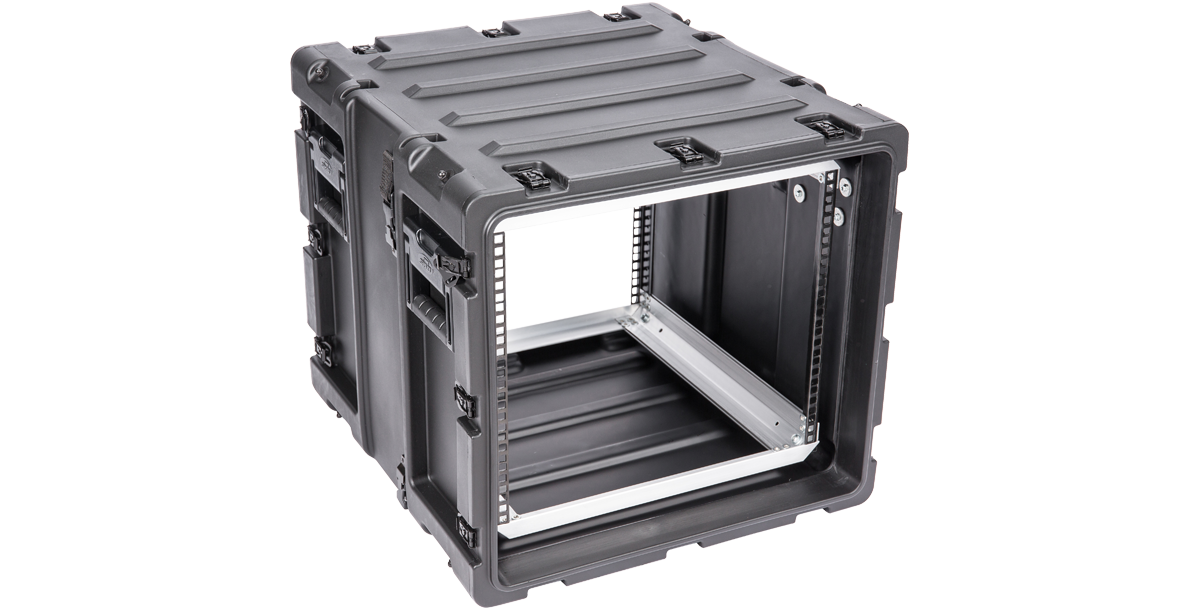 Left-side open view of 9U Shockproof Rack Case - Secure Electronics Transport with visible internal rack rails and shock protection.