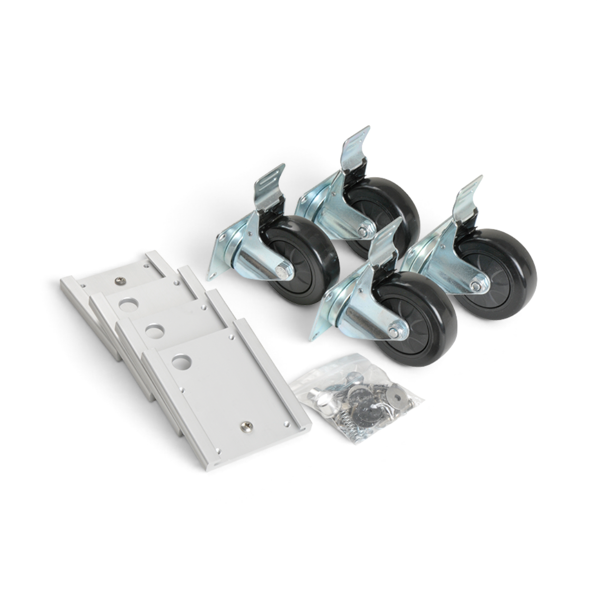 SKB Cases 3R Series caster kit featuring four black swivel wheels, mounting plates, and hardware for equipment cases.