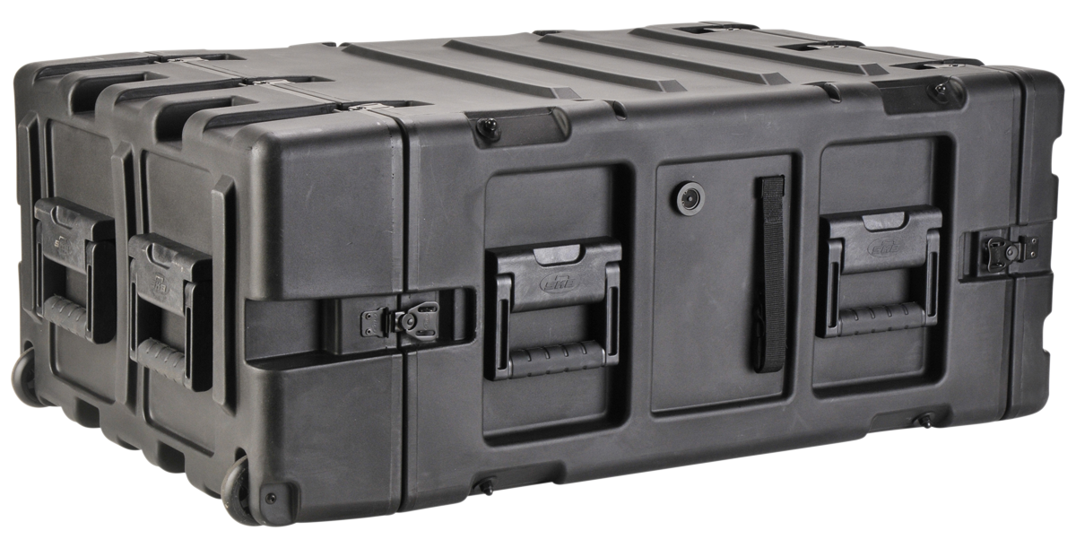 Closed 24-inch Deep Shock Rack Case with reinforced handles and latches, offering watertight, dustproof protection for electronics.