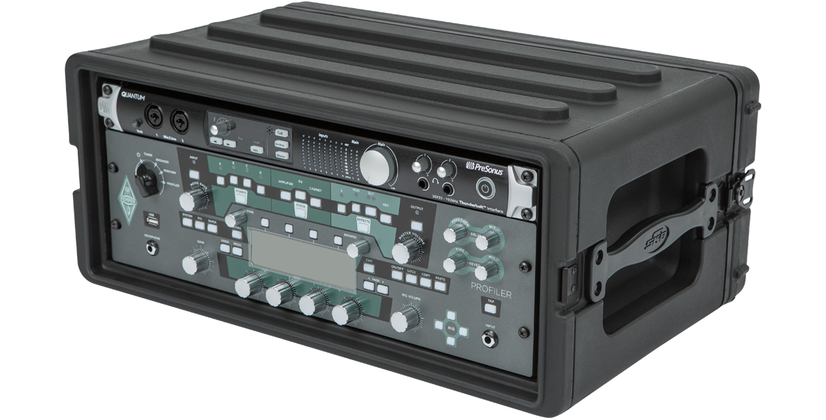 Angled front view of 4U Shallow Rack Case - Durable Equipment Storage with mounted Kemper Profiler and PreSonus Quantum interface.