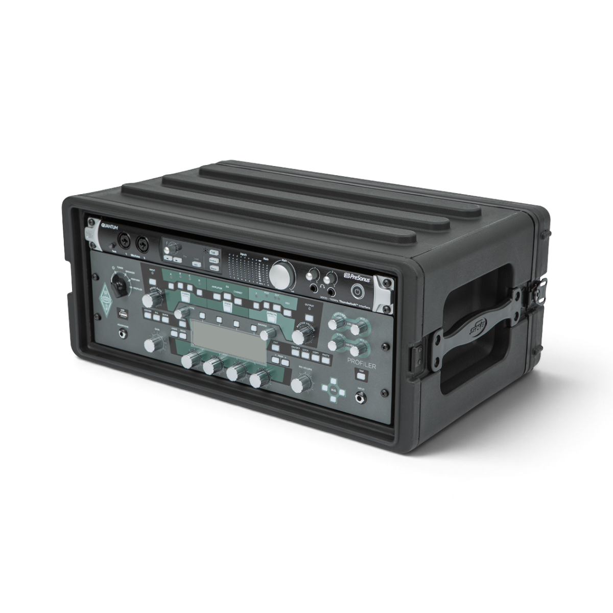 Angled front view of 4U Shallow Rack Case - Durable Equipment Storage with mounted Kemper Profiler and PreSonus Quantum interface.