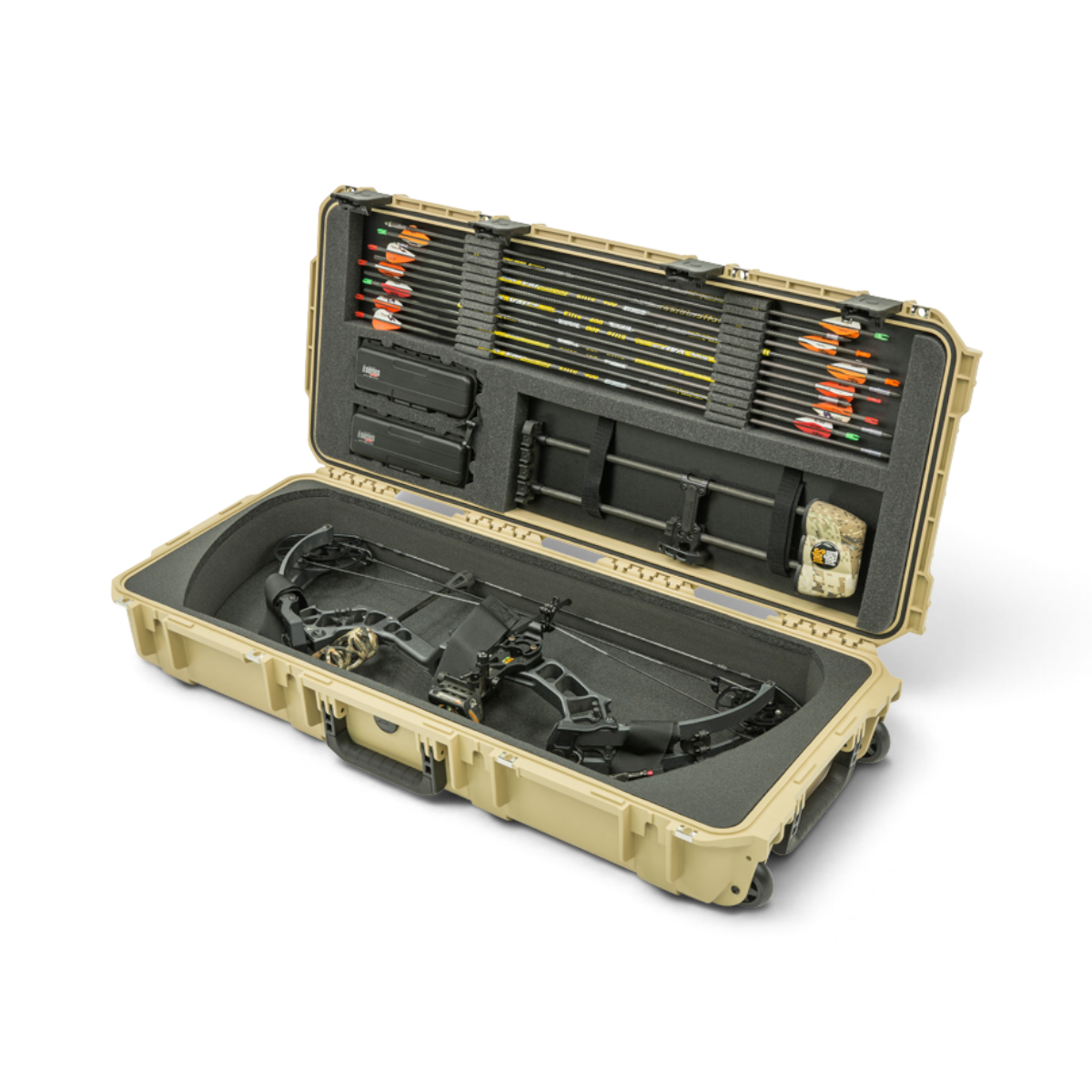 SKB Cases iSeries tan waterproof bow case with custom foam interior, holding a compound bow, arrows, and accessories.