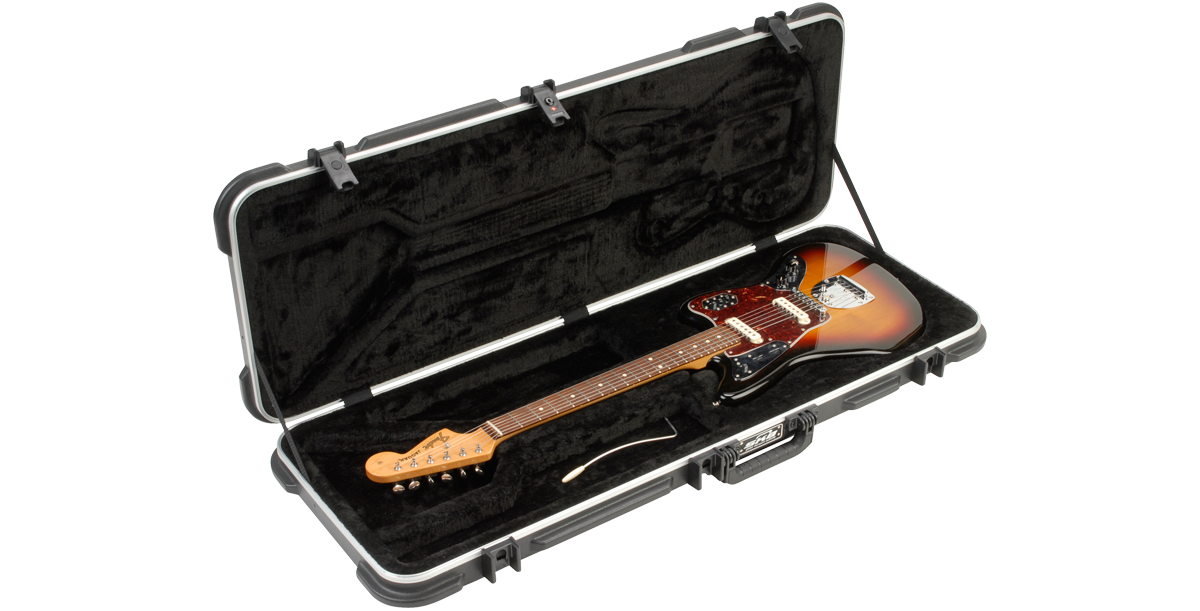 Fender Jazzmaster Guitar in open hardshell case with plush interior, designed for safe storage and transport of electric guitars.