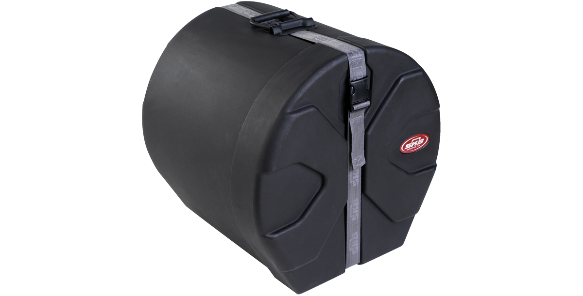 Side view of 14 x 14 drum case with durable roto-molded shell and locking strap, designed for long-lasting drum protection and portability.