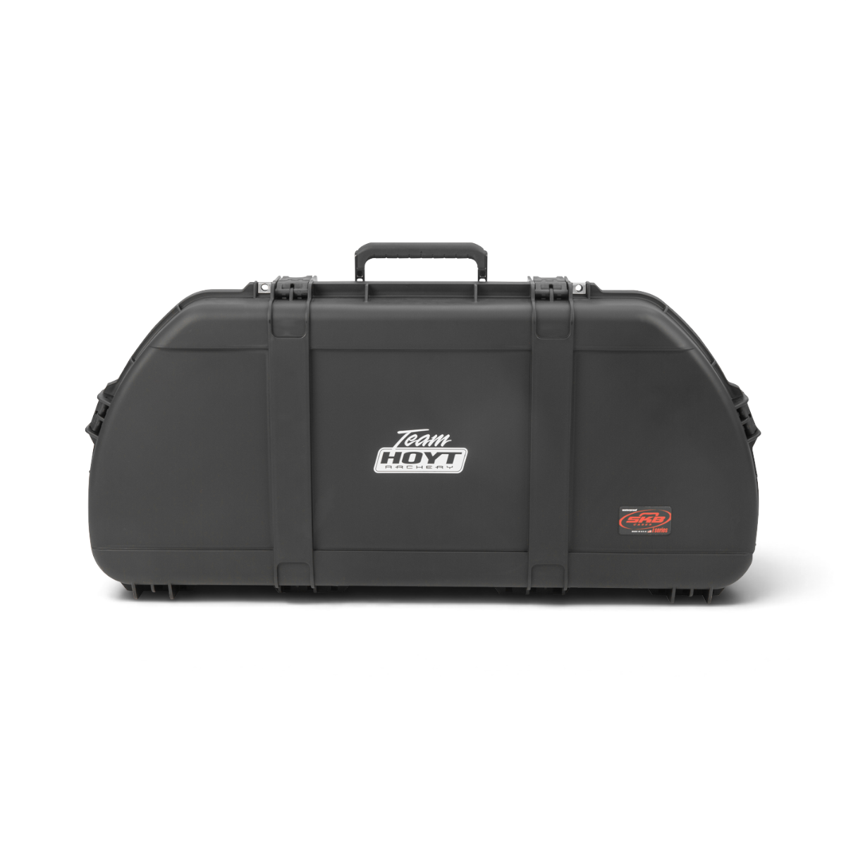 SKB Cases iSeries 4318 black waterproof hard-shell bow case with Team Hoyt Archery logo and secure latch closures.
