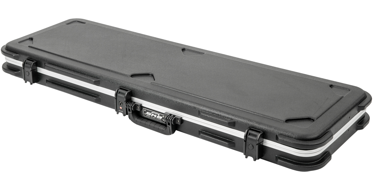 Closed Universal Electric Bass Case with TSA latches and reinforced corners, ideal for travel and storage protection.