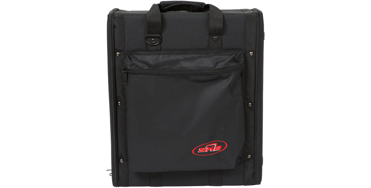 Vertical view of 3U Wireless Microphone Rack with front zippered storage pouch and carry handles, ideal for portable audio setups.