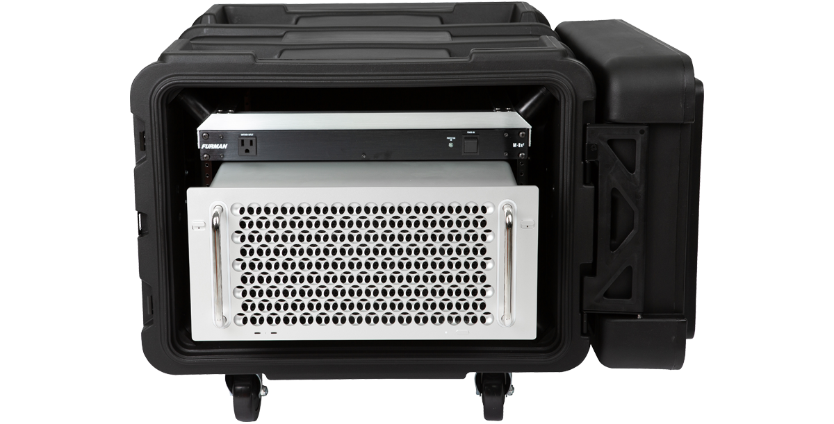Durable 6U Shock Rack - 24-inch rSeries with visible rackmount gear, designed for rugged environments and secure equipment housing.