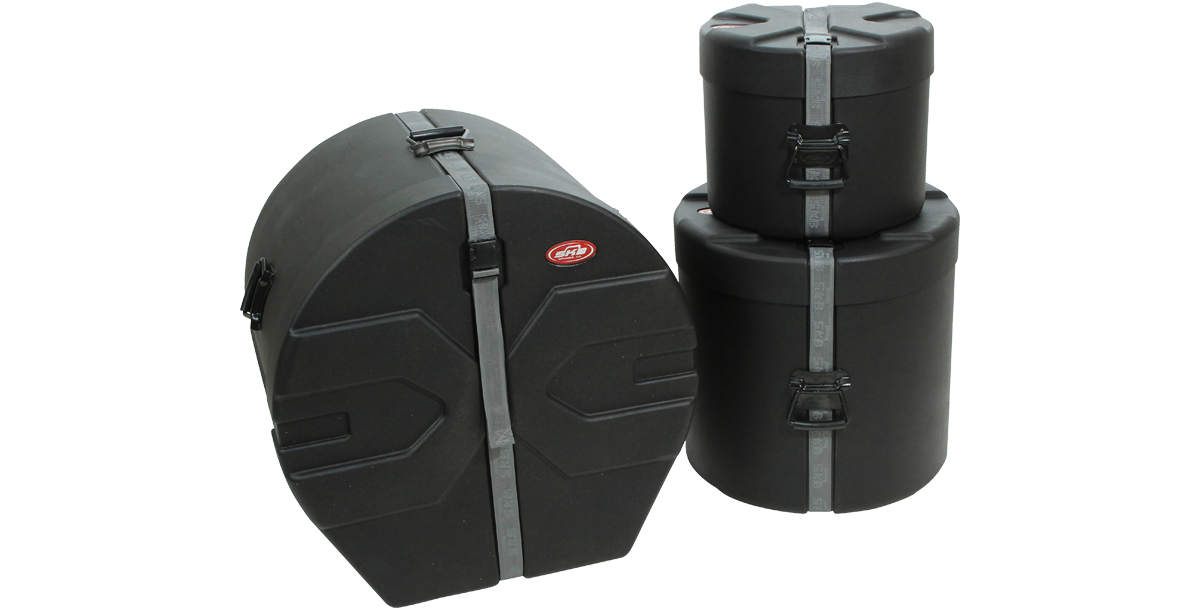 SKB Drum Package - SKB Drum Case Set with D-shape design and foam inserts, includes tom and bass drum cylindrical cases for percussion protection.