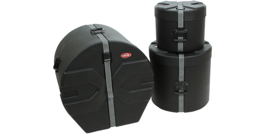SKB Drum Package - SKB Drum Case Set with D-shape design and foam inserts, includes tom and bass drum cylindrical cases for percussion protection.