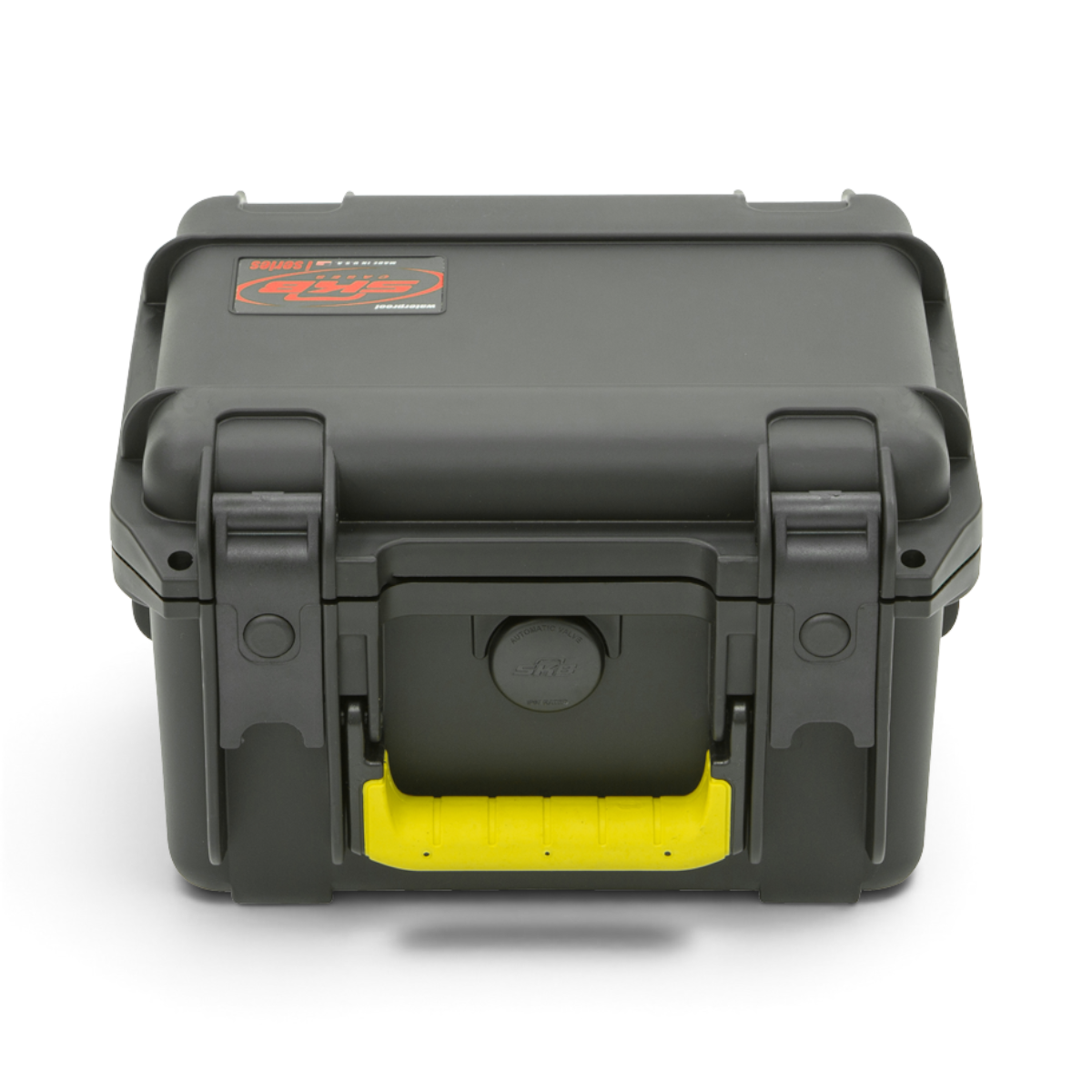 SKB Cases iSeries 0907-6 small black waterproof lure case with a yellow handle and front pressure equalization valve.