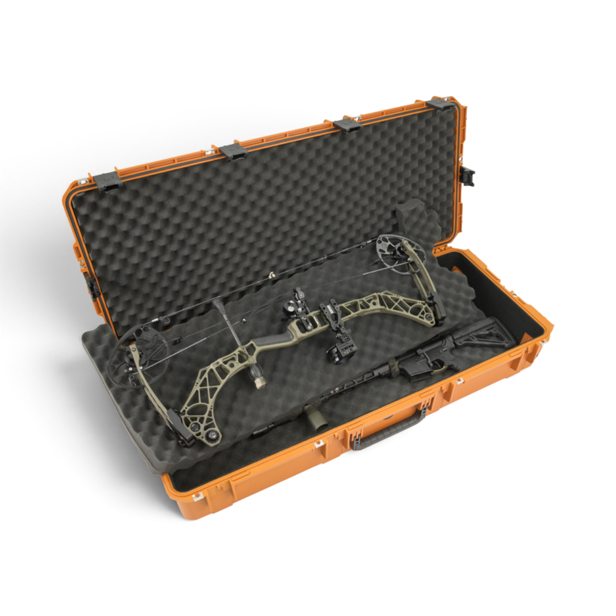 SKB Cases Pro Series double bow and rifle case in coyote brown with convoluted foam interior holding archery gear