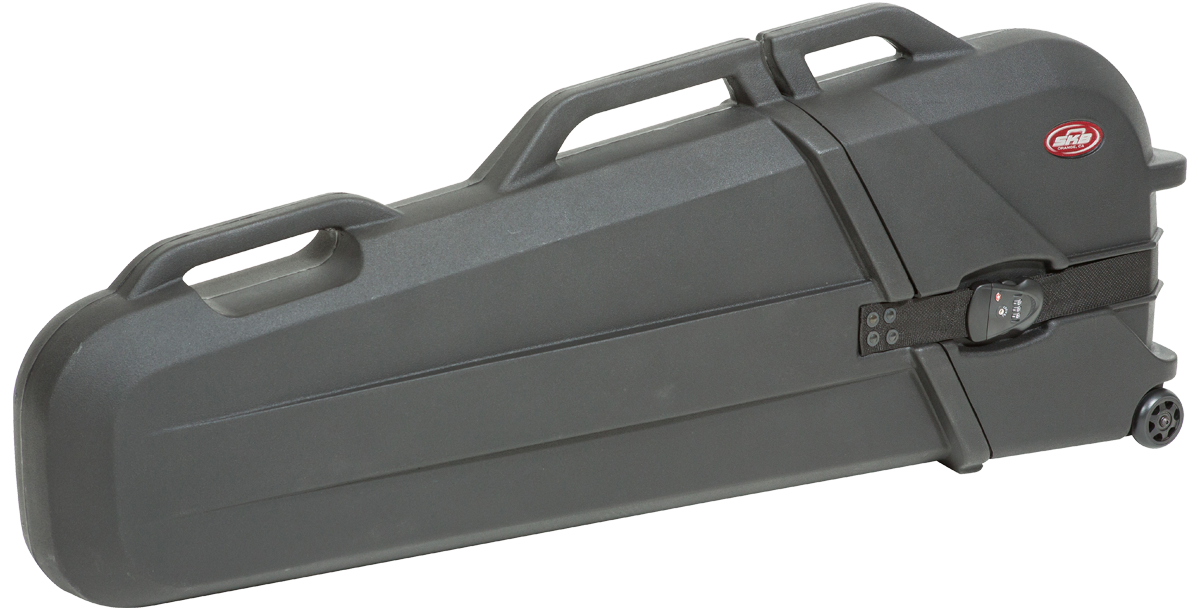 Angled view of ATA Bass Case with TSA lock and rugged exterior, designed for secure and convenient music travel.