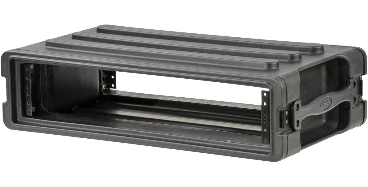 Side angle of 2U rSeries SKB Shallow Rack - Strong & Durable with ergonomic handles and durable roto-molded shell for transport protection.