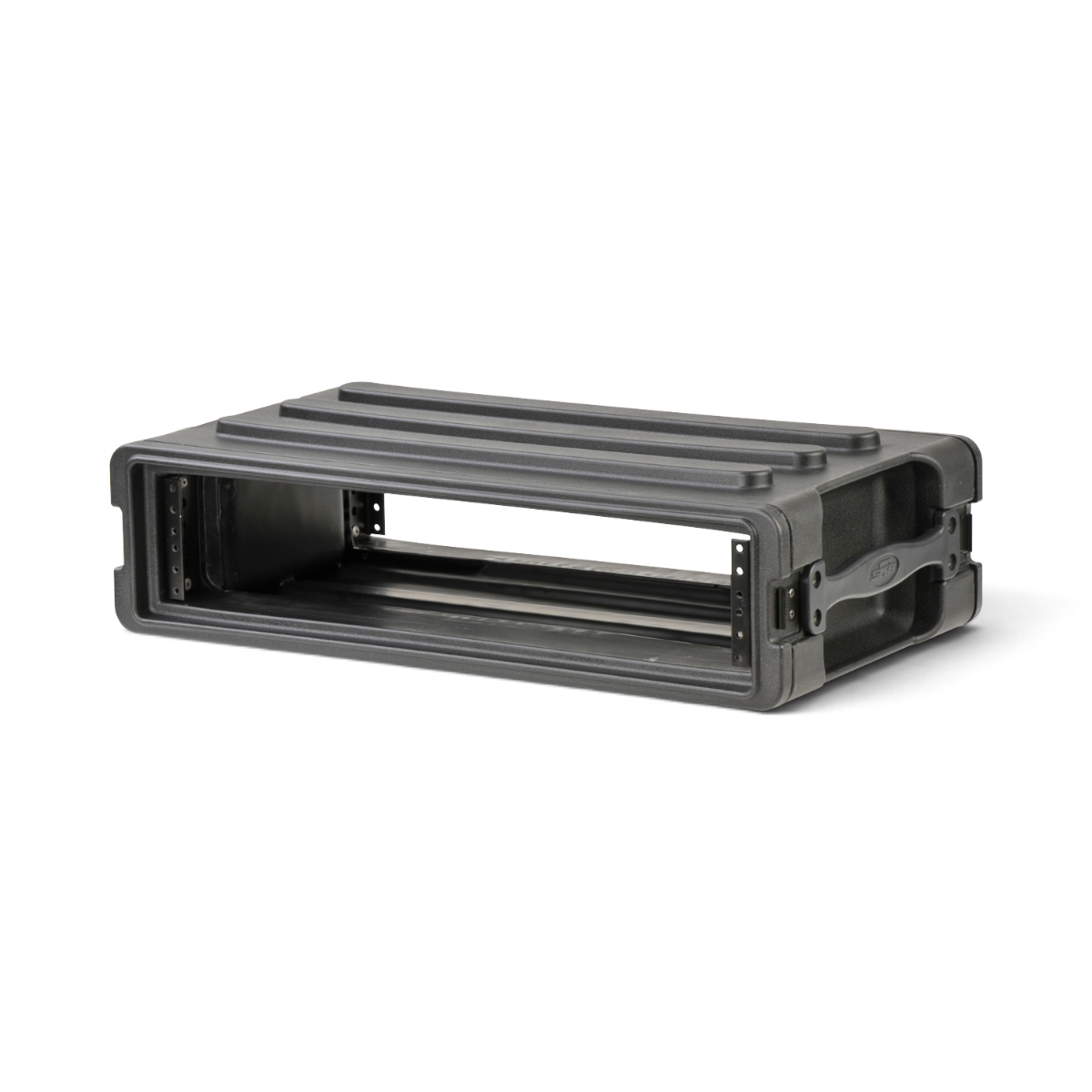 Side angle of 2U rSeries SKB Shallow Rack - Strong & Durable with ergonomic handles and durable roto-molded shell for transport protection.