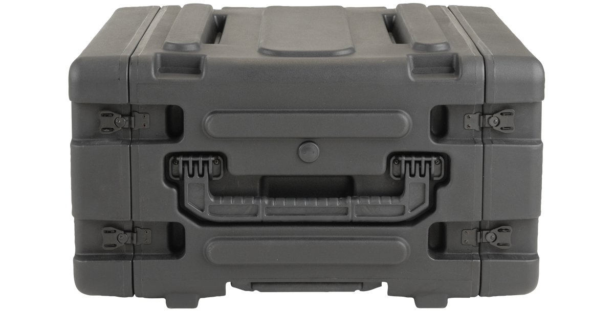 Rear view of 20-inch deep rolling shock rack featuring ergonomic handle and heavy-duty latches for secure and easy handling.