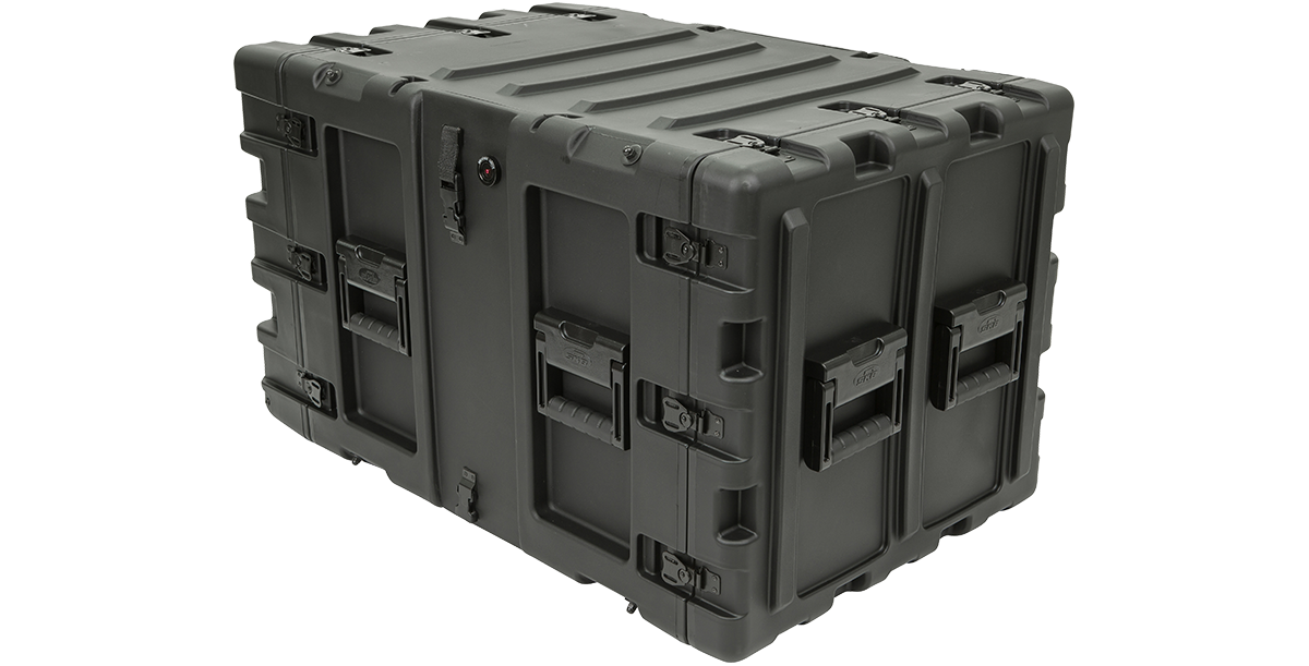 SKB 9U Deep Shock Rack Case side view with durable handles and impact-resistant shell for electronics transport.