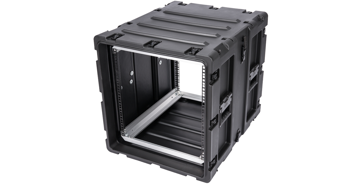 Angled front-left view of SKB 24-inch Shockproof Rack Case, highlighting rugged exterior and reinforced corners.