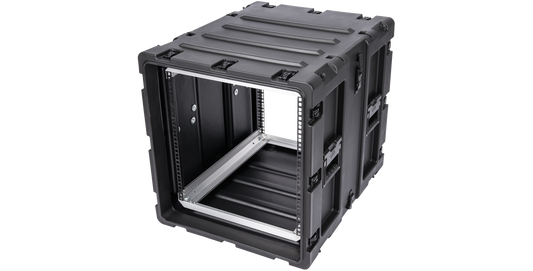 Angled front-left view of SKB 24-inch Shockproof Rack Case, highlighting rugged exterior and reinforced corners.