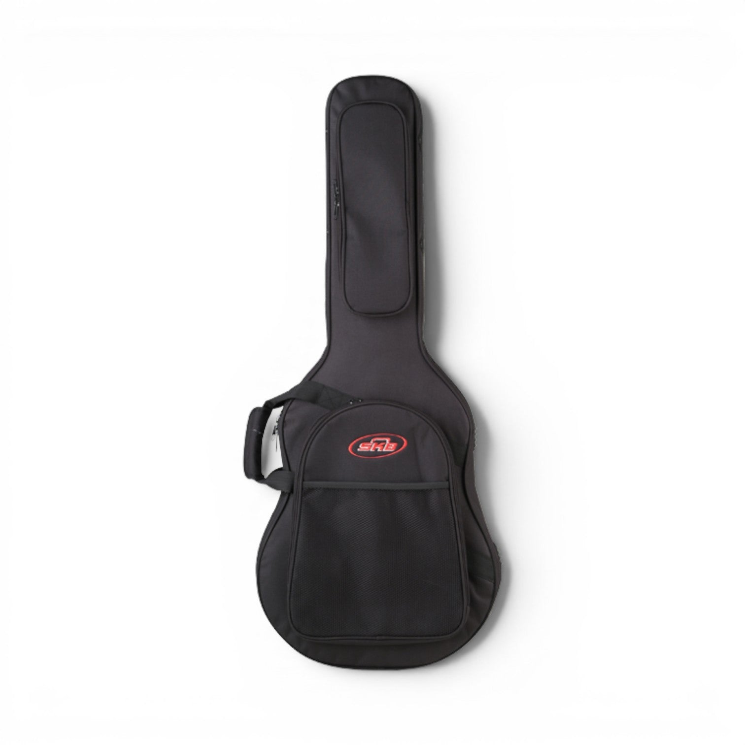 Front view of Thin-line Guitar Soft Case with zippered pocket and padded handle, ideal for acoustic guitar transport and storage.