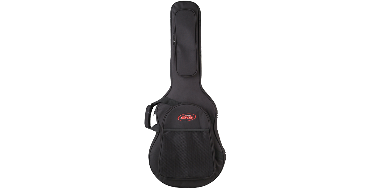 Front view of Thin-line Guitar Soft Case with zippered pocket and padded handle, ideal for acoustic guitar transport and storage.