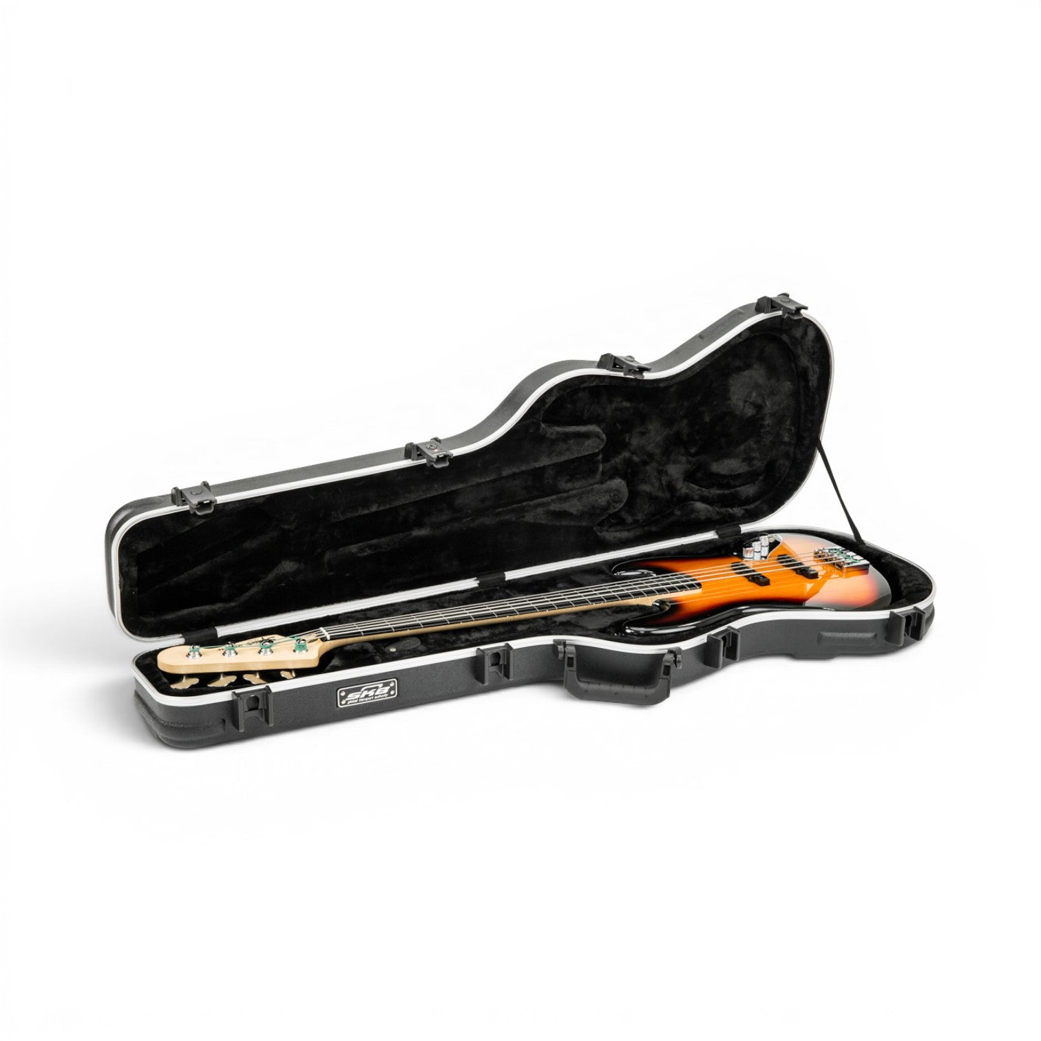 Precision Jazz Bass Case - TSA Lock Protection open with bass guitar inside, highlighting snug fit and plush interior for safe transport.