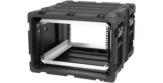 Angled front-left view of RS Series 6U 20-Inch Shockproof Rack Case showing rugged design and internal mounting frame for impact-resistant protection.