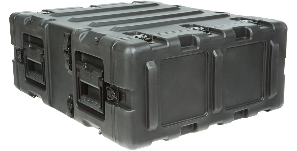 Rear angled view of shockproof 20 inch electronics rack, showing molded exterior and reinforced edges for impact resistance.