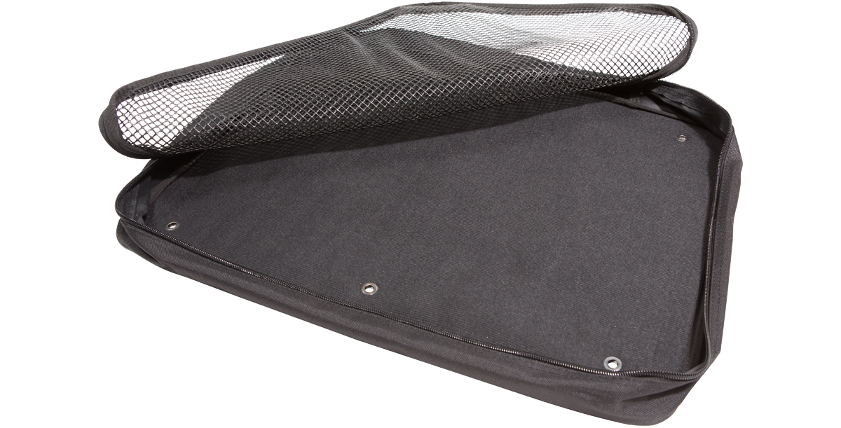 SKB Shockrack large attachment pocket with open mesh lid, designed for easy access and storage of pro audio rack accessories.