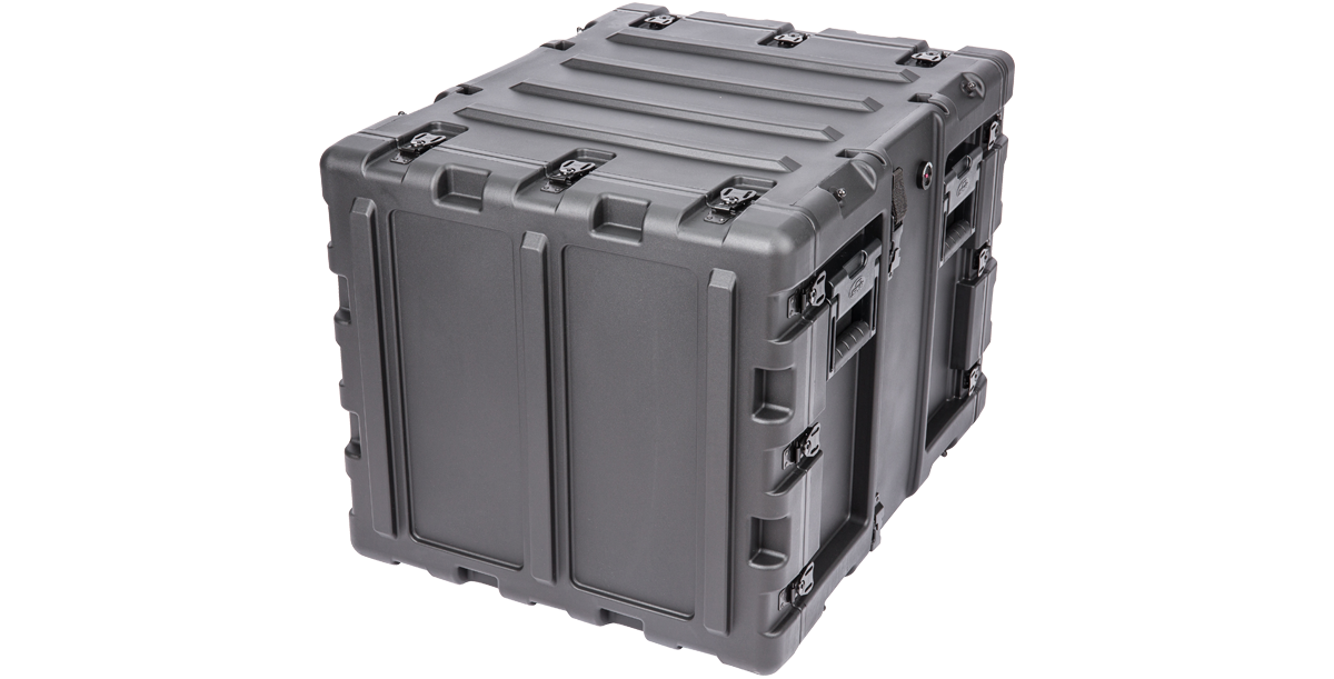 Rear-right angled view of 9U Shockproof Rack Case featuring molded handles and secure latch system for electronics safety.