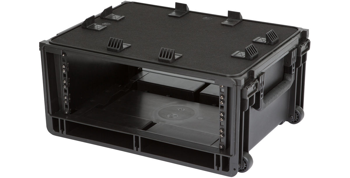 Angled view of 4U Injection Molded Rack Case showing rugged design, molded rails, and top platform for studio gear.