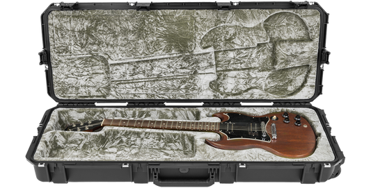 iSeries SG Guitar Case with plush interior securely holding an SG electric guitar; waterproof and impact-resistant with TSA locks.
