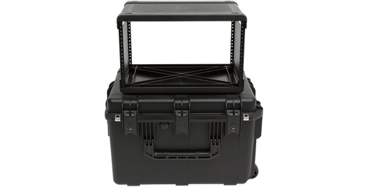 Lightweight iSeries Injection Molded Fly Rack - 6U with open lid showing rack frame inside durable waterproof case, ideal for travel and shipping gear.